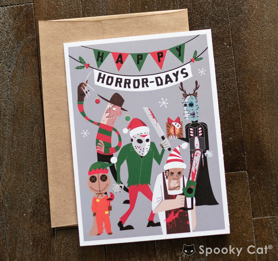 Funny horror Christmas card mixing slasher movie villains and holiday cheer.