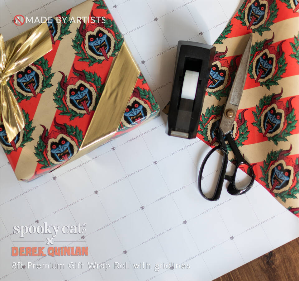 Krampus Christmas wrapping paper featuring vintage candy cane stripes, horned Krampus faces and holly wreaths, with cutting gridlines on the reverse.