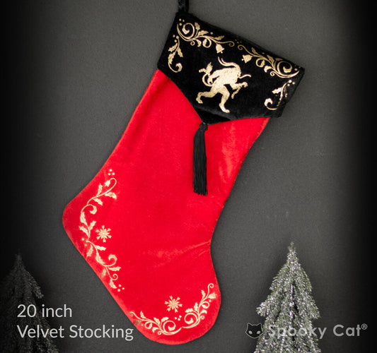 Red Krampus Creepmas stocking with gold metallic damask and tassel