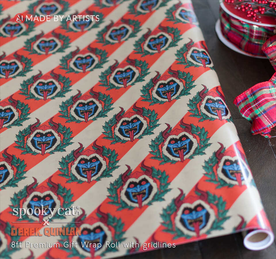 Close-up of Krampus Christmas gift wrap roll with repeating horned Krampus illustrations, holly wreaths and vintage red and cream candy cane stripes.