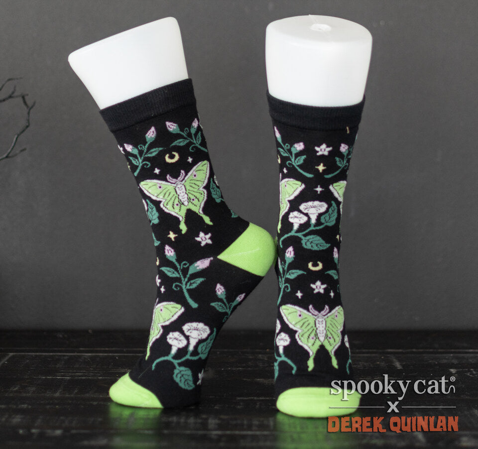 Gothic floral socks featuring luna moths, vines, and mushrooms