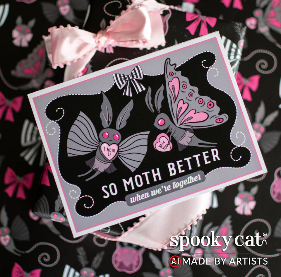 Mothman Valloween card with decorative moths and gothic Valentine design on patterned background