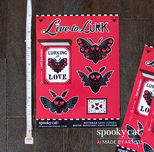 Lurks for Love Mothman Sticker Sheet featuring heart-eyed Mothman designs on a red gothic Valentine background