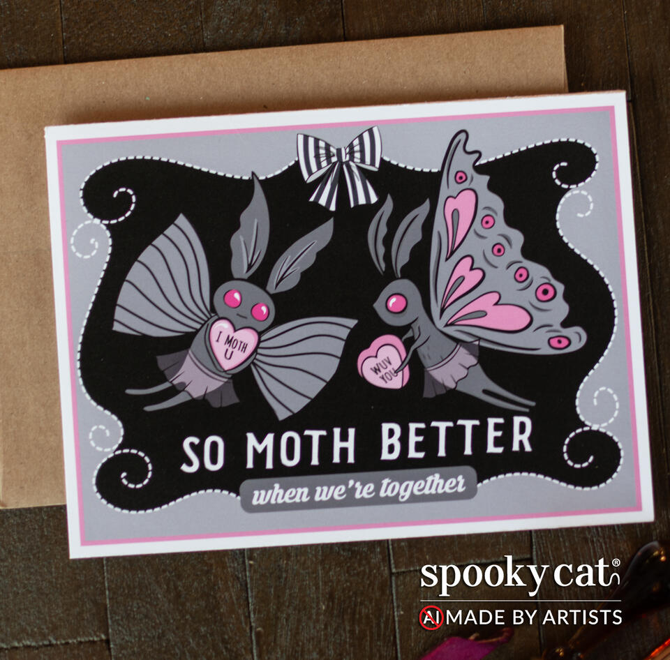 So Moth Better Together Mothman Themed Galentine's and Valentine's card with two mothman giving each other hearts