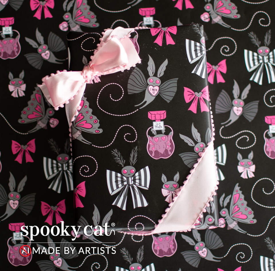 Mothman gift wrap featuring heart-eyed Mothman illustrations with gothic bows and spooky Valloween details
