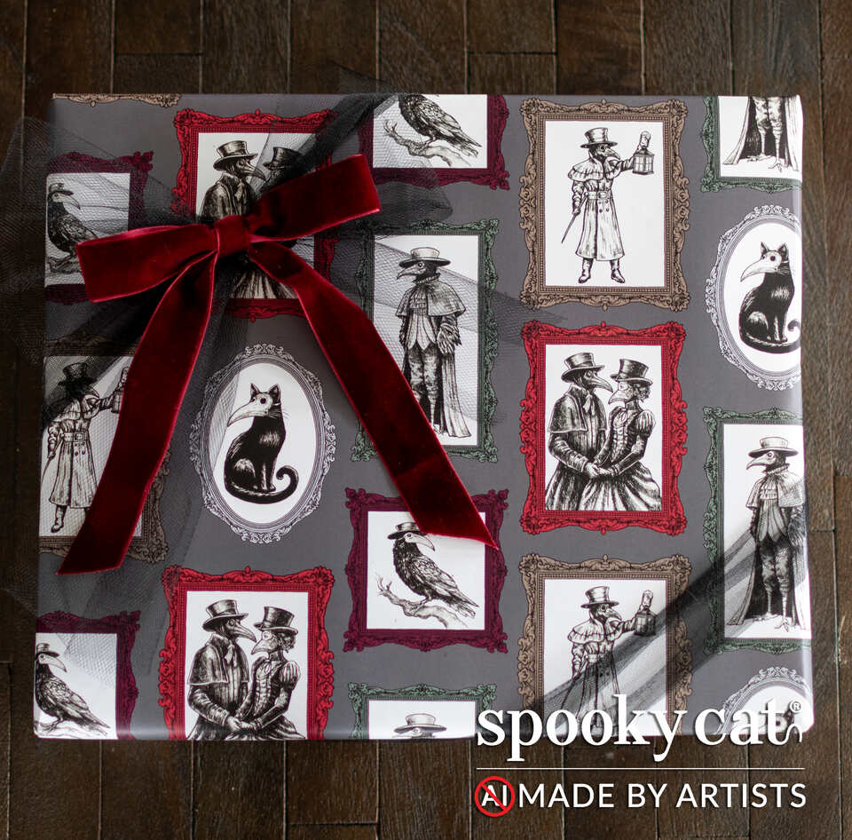 Plague Doctor Victorian gift wrap featuring gothic framed illustrations in red, green, and grey