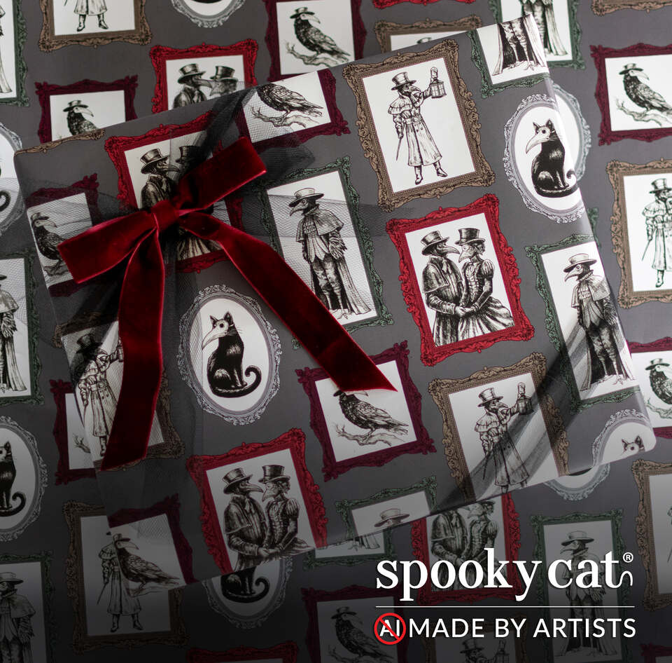 Gothic Victorian wrapping paper with plague doctors, ravens, and romantic imagery by Spooky Cat Press