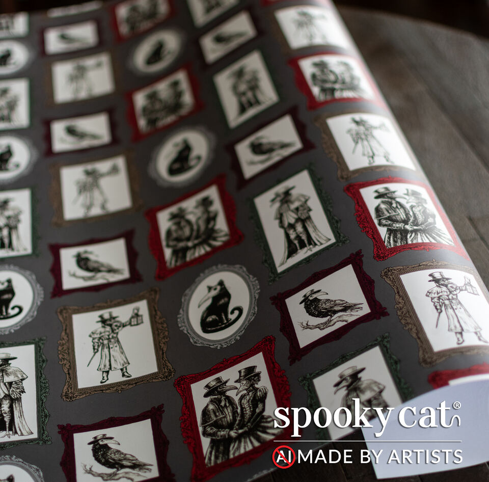 Dark gothic Valentine wrapping paper featuring plague doctor couples and eerie Victorian details