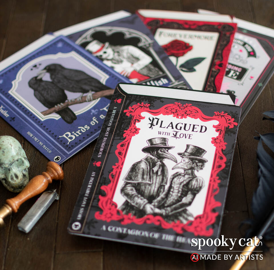 Victorian plague doctor Valentine card with gothic book design by Spooky Cat Press