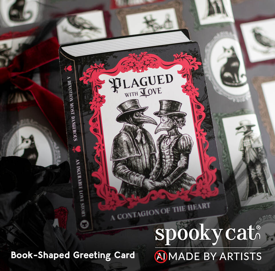 Book-shaped Gothic Valentine’s card featuring Victorian plague doctors in a romantic gothic illustration