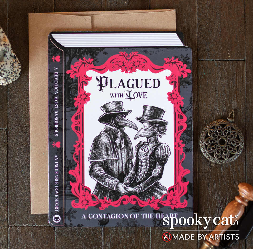 Gothic romance book-shaped card for Valloween or Valentine’s Day featuring plague doctor lovers
