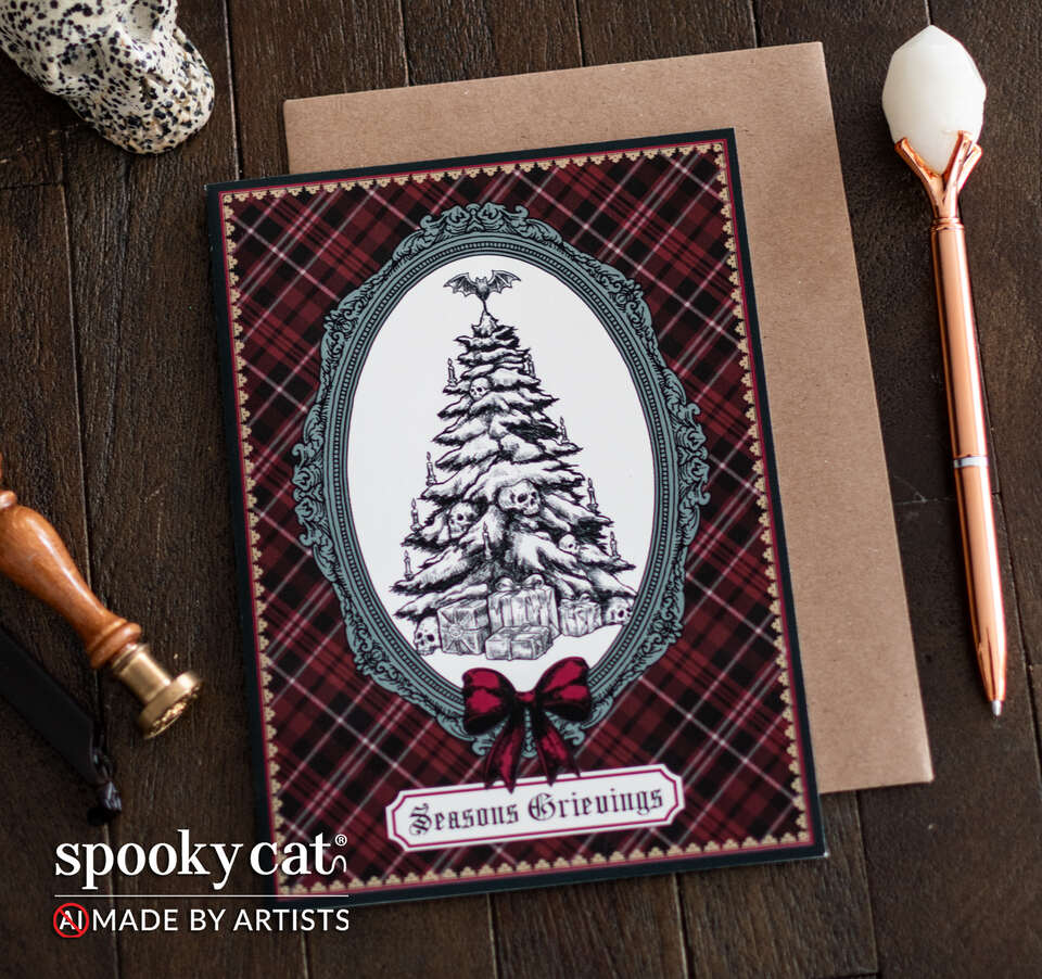 Gothic Victorian Christmas greeting card featuring a hand-drawn Christmas tree in ornate Victorian frame, reading “Seasons Grievings” surrounded by red plaid background, displayed in front of a kraft envelope on a dark wood background. Text shows Spooky Cat logo. No AI. Made By Artists.