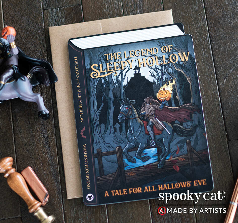 A Halloween book-shaped greeting card titled "The Legend of Sleepy Hollow" lies on top of a brown kraft envelope on a dark wood surface and the Spooky Cat brand logo appears in the bottom right corner with the text NO AI, made by artists. The card features illustrated artwork of the headless horseman holding a flaming pumpkin, with the text "A Tale for All Hallows' Eve.