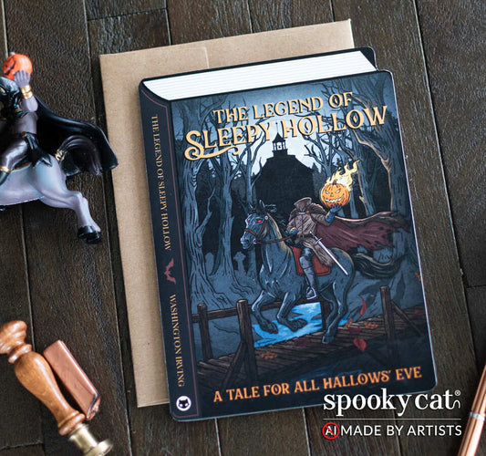 A Halloween book-shaped greeting card titled "The Legend of Sleepy Hollow" lies on top of a brown kraft envelope on a dark wood surface and the Spooky Cat brand logo appears in the bottom right corner with the text NO AI, made by artists. The card features illustrated artwork of the headless horseman holding a flaming pumpkin, with the text "A Tale for All Hallows' Eve.