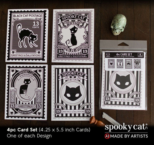 Spooky Cat Postage black cat greeting card set featuring four vintage stamp-style designs with black cat illustrations, shown with packaged 4-card set.