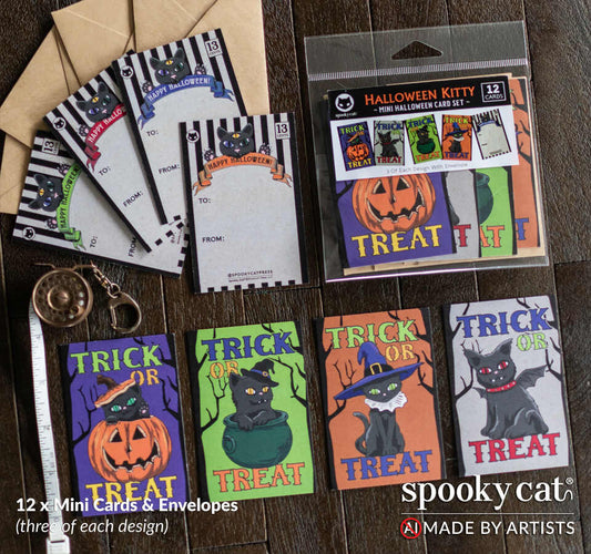 Black Cat Mini Halloween Card Set with four retro Trick or Treat black cat designs and kraft envelopes, 12 cards total. Mini cards feature four different black cats in spooky outfits, ready to celebrate Halloween