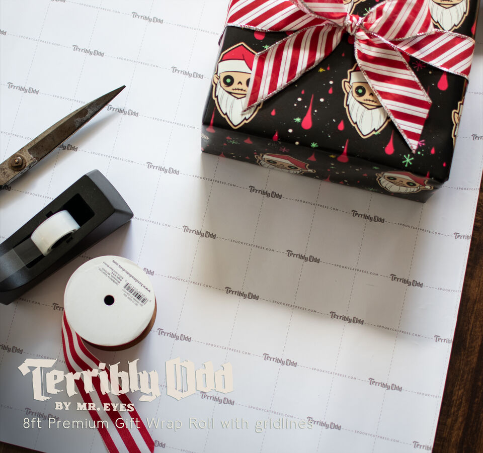 Christmas present wrapped in Terribly Odd Santa Orli gift wrap with creepy Santa illustrations on black paper and a red striped ribbon bow.