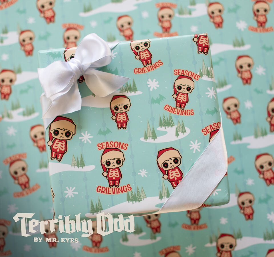 Terribly Odd Wesley Creepmas gift wrap featuring a creepy little skeleton in a Santa hat, Seasons Grievings lettering and retro snowy trees on a retro aqua green paper. Terribly Odd Wesley Creepmas gift wrap featuring a creepy little skeleton in a Santa hat, Seasons Grievings lettering and retro snowy trees on mint green paper.