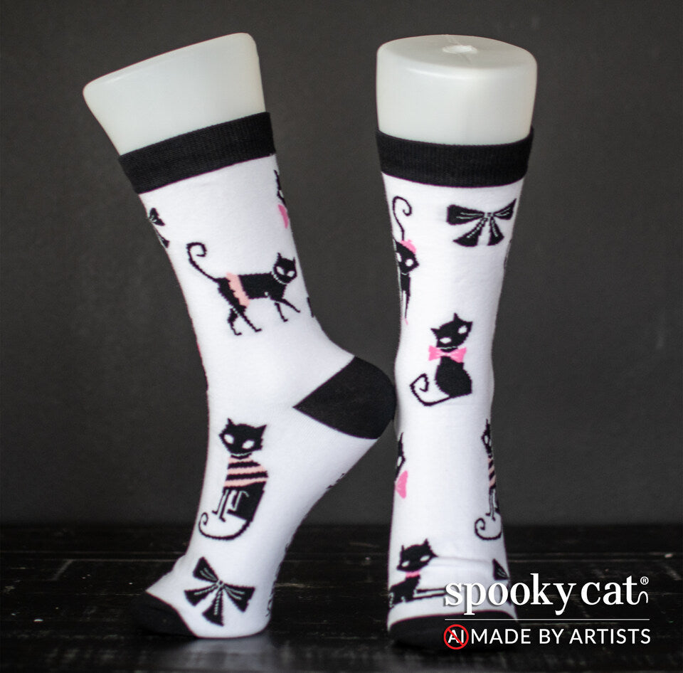 Valloween Black Cat Love Socks by Spooky Cat Press with black cats in berets and bows