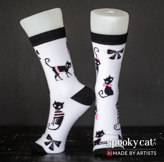 Valloween Black Cat Love Socks by Spooky Cat Press with black cats in berets and bows
