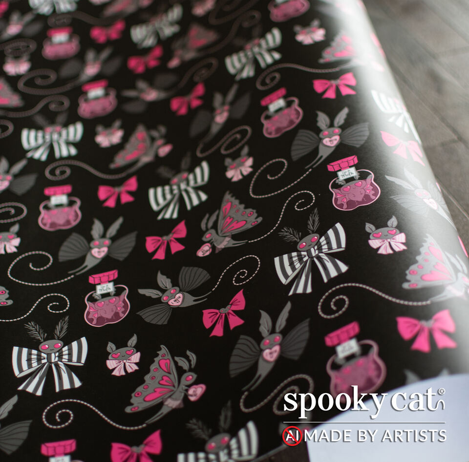 Spooky Cat Press Mothman Gift Wrap with repeating cryptid pattern in black, pink, and grey