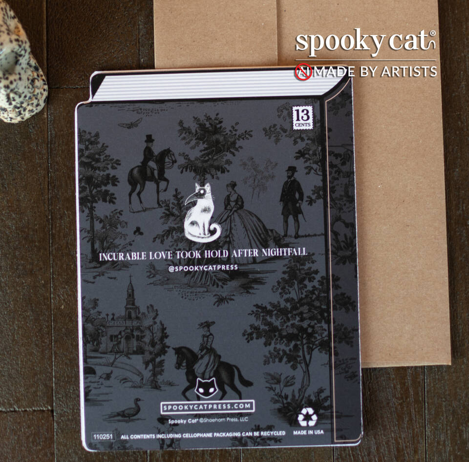 Victorian plague doctor Valentine card with gothic book design by Spooky Cat Press