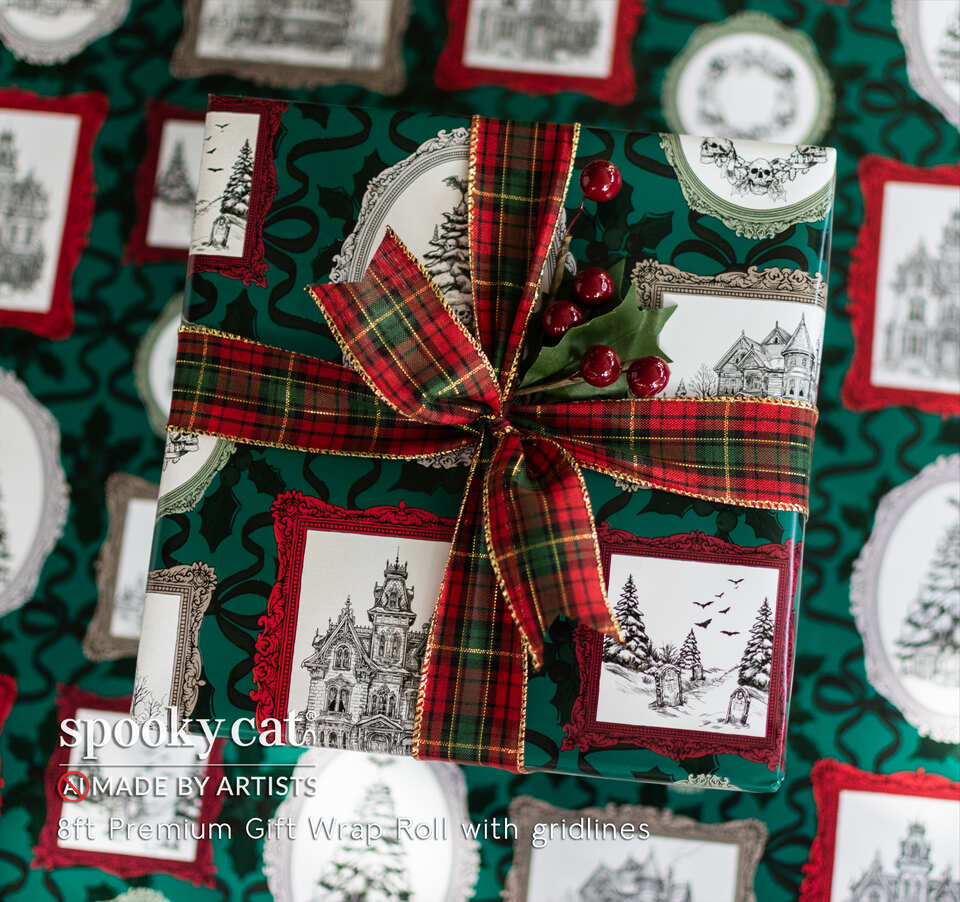 Gothic Victorian Christmas present wrapped in Goth Christmas wrapping paper featuring haunted houses, graveyards and ornate Victorian frames. Spooky Creepmas gift wrap finished with a festive red and green plaid bow.