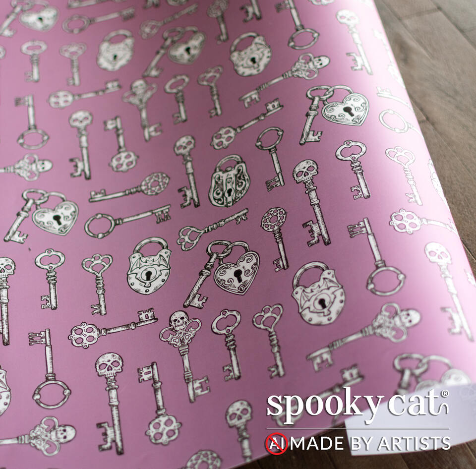 Gothic Valentine wrapping paper with Victorian skeleton keys and romantic lock illustrations