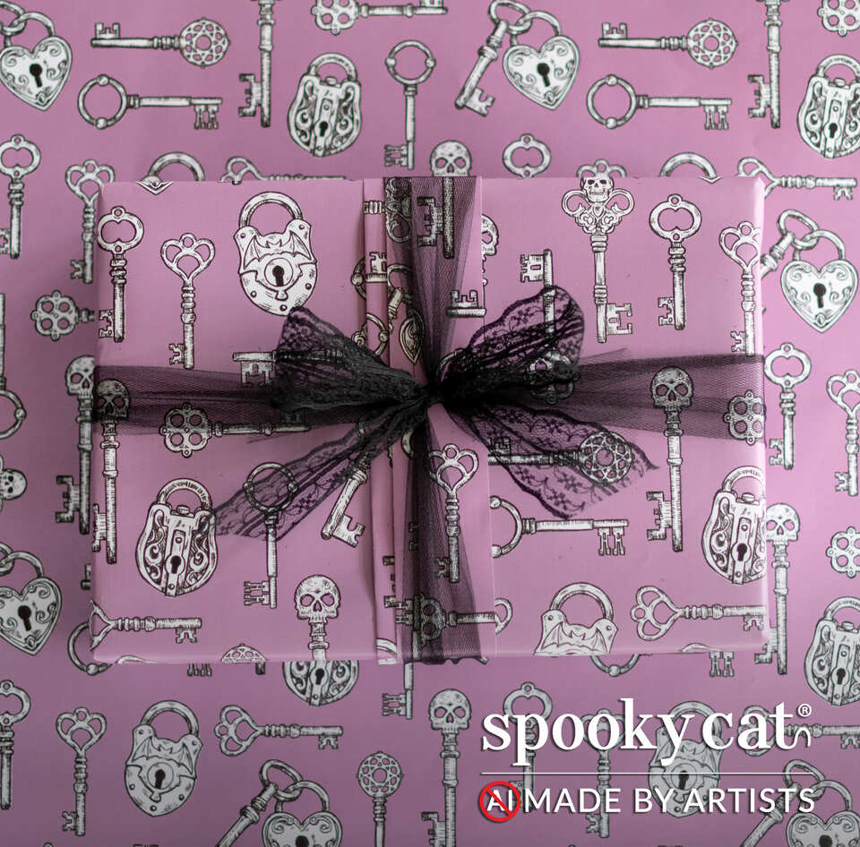 Victorian Skeleton Key gift wrap featuring gothic keys and heart-shaped locks on a mauve background