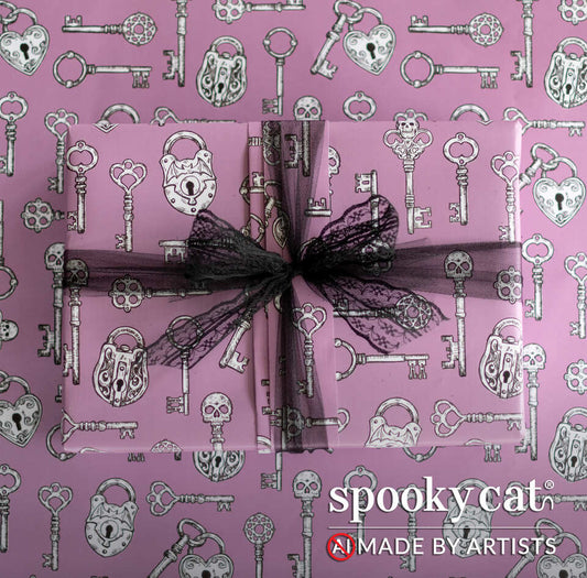 Victorian Skeleton Key gift wrap featuring gothic keys and heart-shaped locks on a mauve background