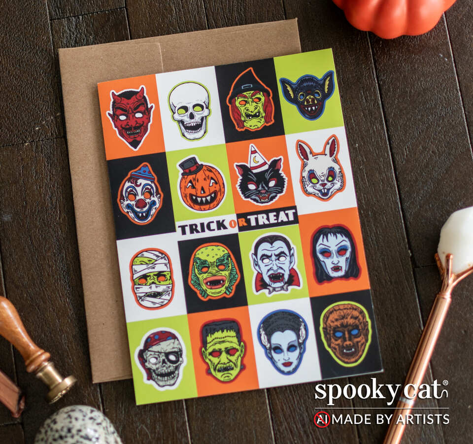 A Halloween greeting card featuring vintage halloween masks. Devil, mummy, jack-o-lantern, black cat, clown, bat, werewolf, skeleton, Frankenstein, Bride of Frankenstein. Card is placed on top of a brown kraft envelope on a dark wood surface. Pumpkins are partially visible in the background, and the Spooky Cat brand logo appears in the bottom right corner with the text NO AI, made by artists.