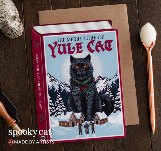Creepmas book shaped greeting card reading “The Merry Lore of Yule Cat” featuring Jólakötturinn, snowy Nordic villages, red houses and evergreen trees, displayed in front of a kraft envelope on a dark wood background. Text shows spooky cat logo. No AI. Made By Artists.