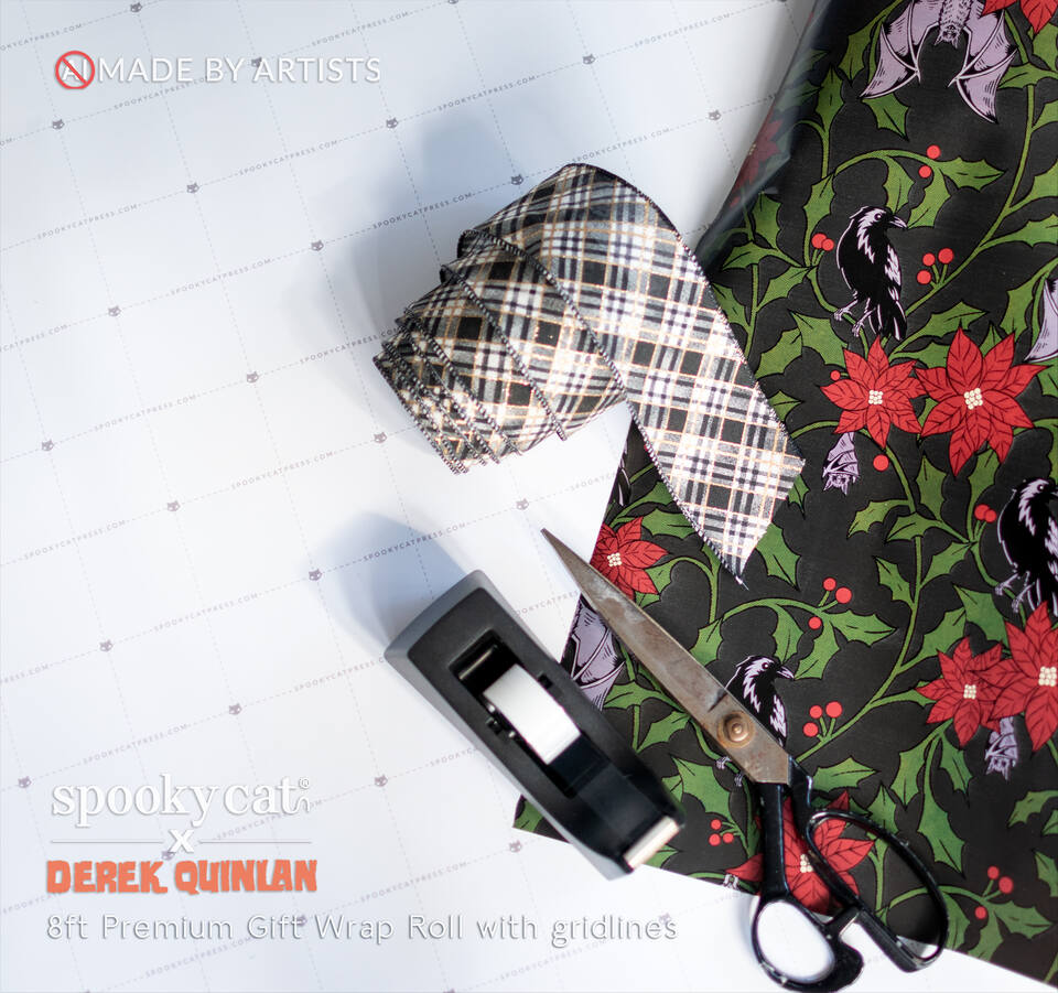Premium 8-foot Gothic Victorian Christmas wrapping paper roll featuring original Yule Floral artwork with ravens, bats and poinsettias, and cutting gridlines on the reverse