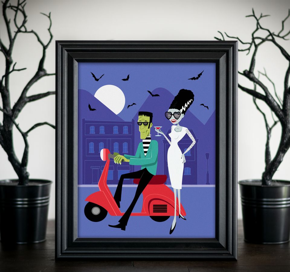 Frankenstein and Bride Mid Century Art Print