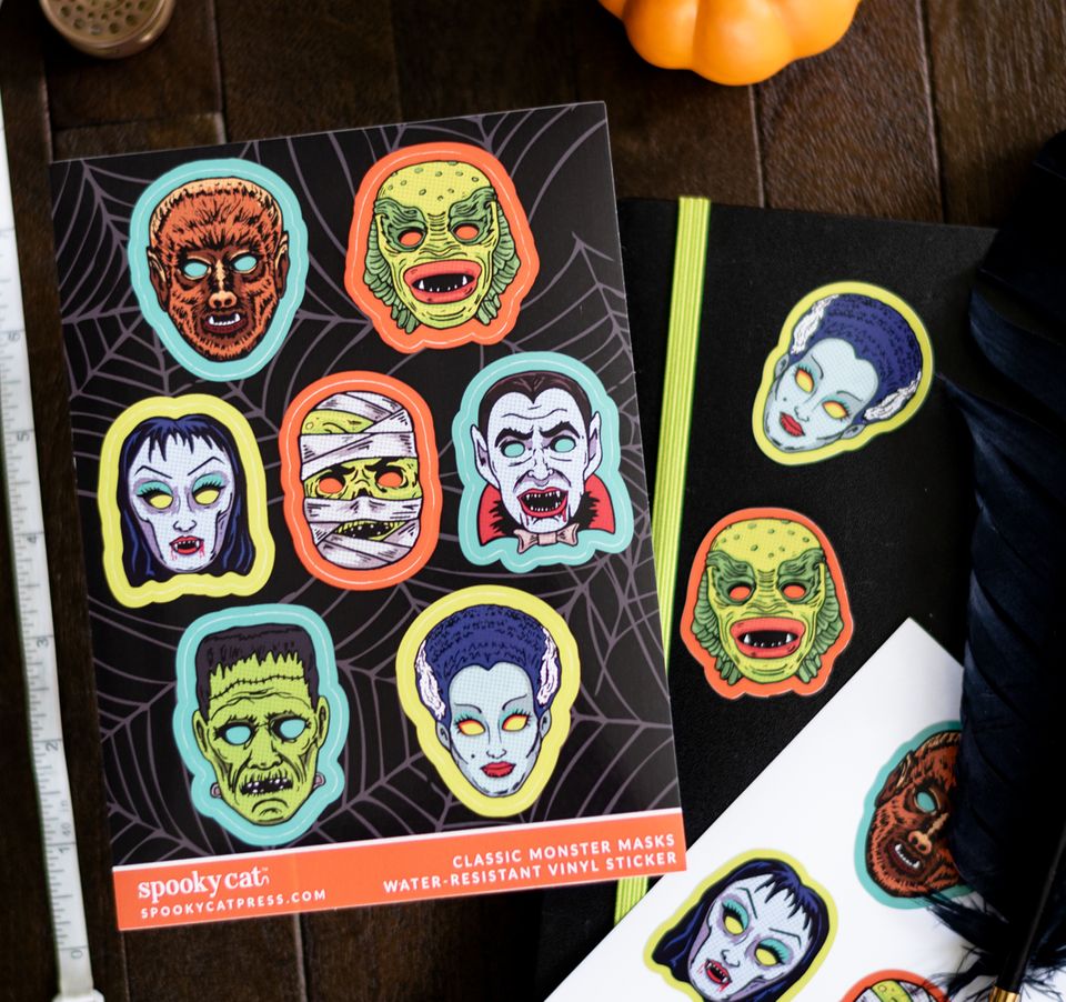 Classic Monster inspired Halloween Mask Stickers in Vintage Style