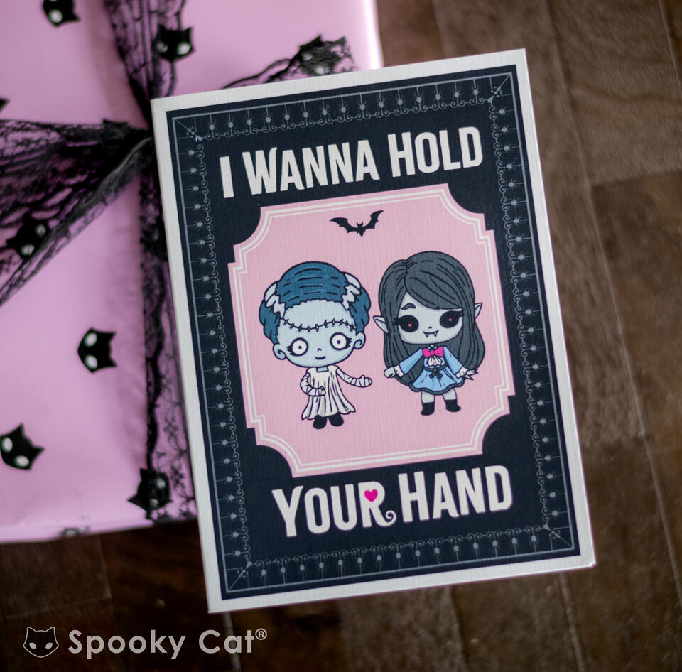 Cute gothic ghouls Valloween card for girl to girl lgbtq inclusive romantic card.