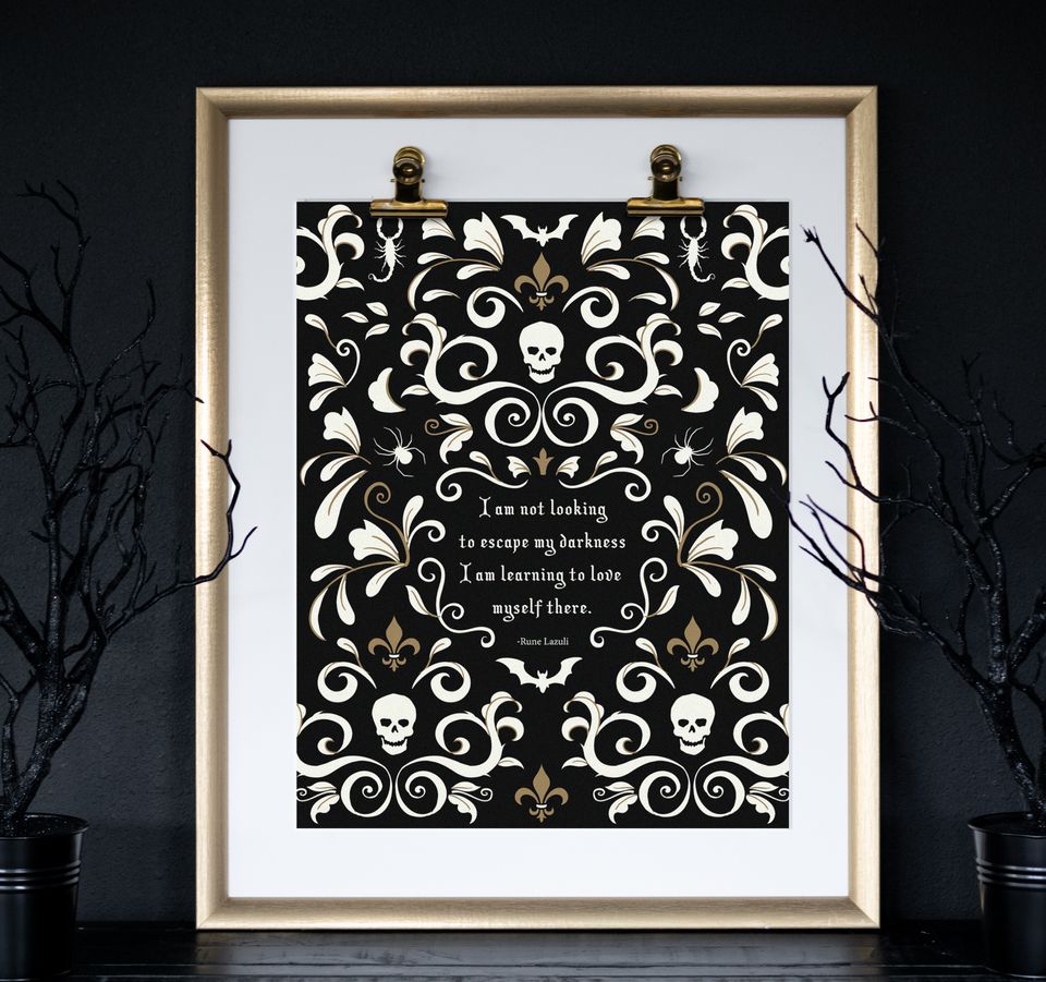 Gothic skull damask art print featuring a quote from the poet Rune Lazuli.