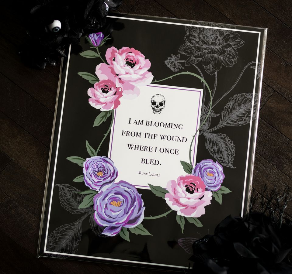 Gothic floral tribute art print featuring a quote from the poet Rune Lazuli.