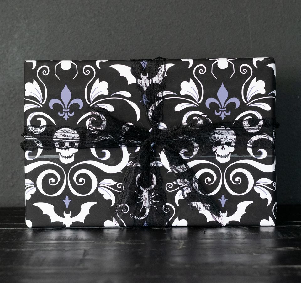 Black Damask Gothic Gift wrapping paper with skulls, spiders, bats, and scorpions