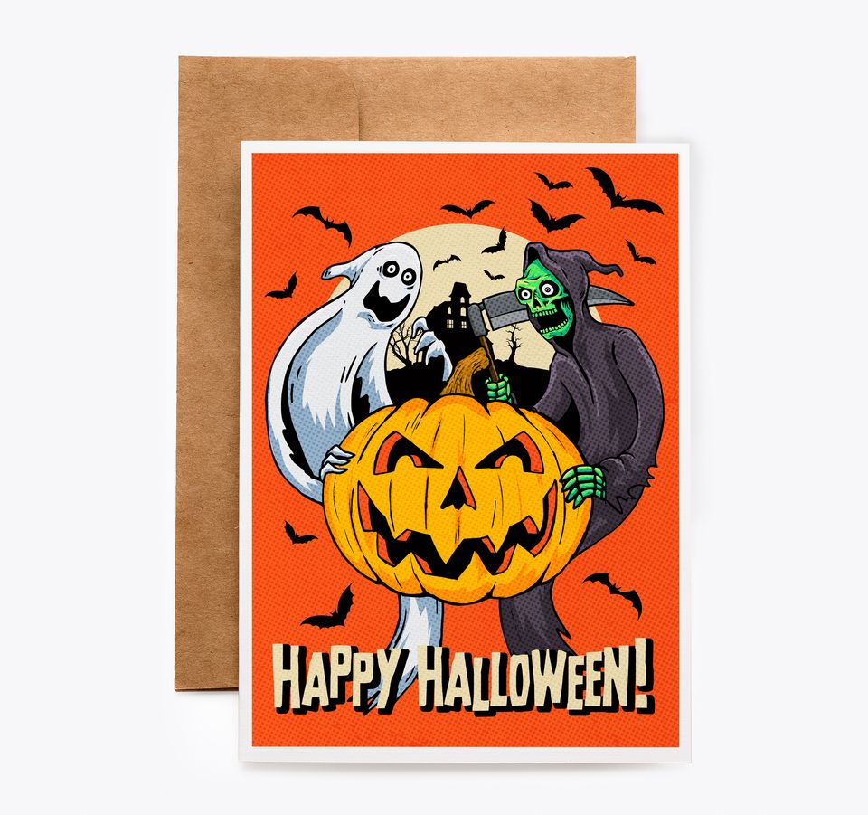 Happy Halloween Vintage Grim Reaper and Pumpkin Greeting Card