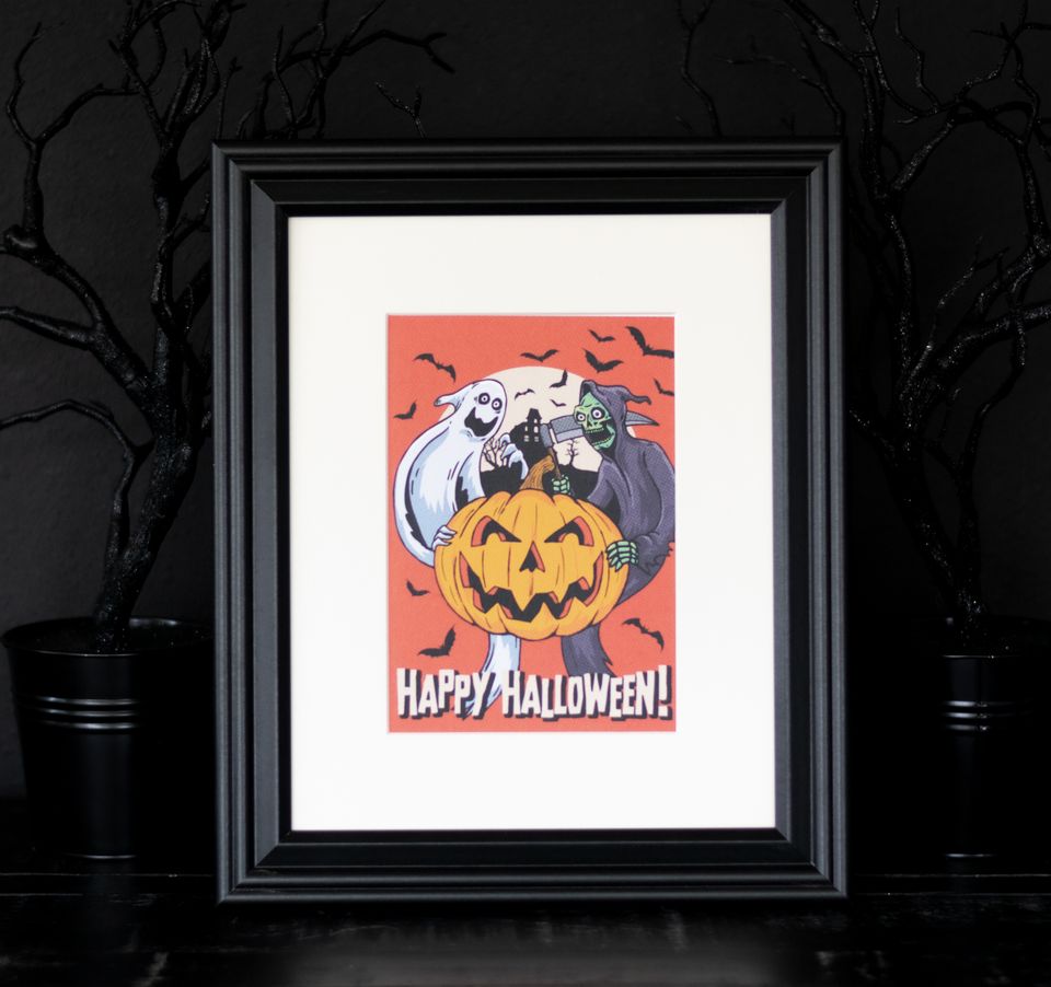 Happy Halloween Vintage Grim Reaper and Pumpkin Greeting Card
