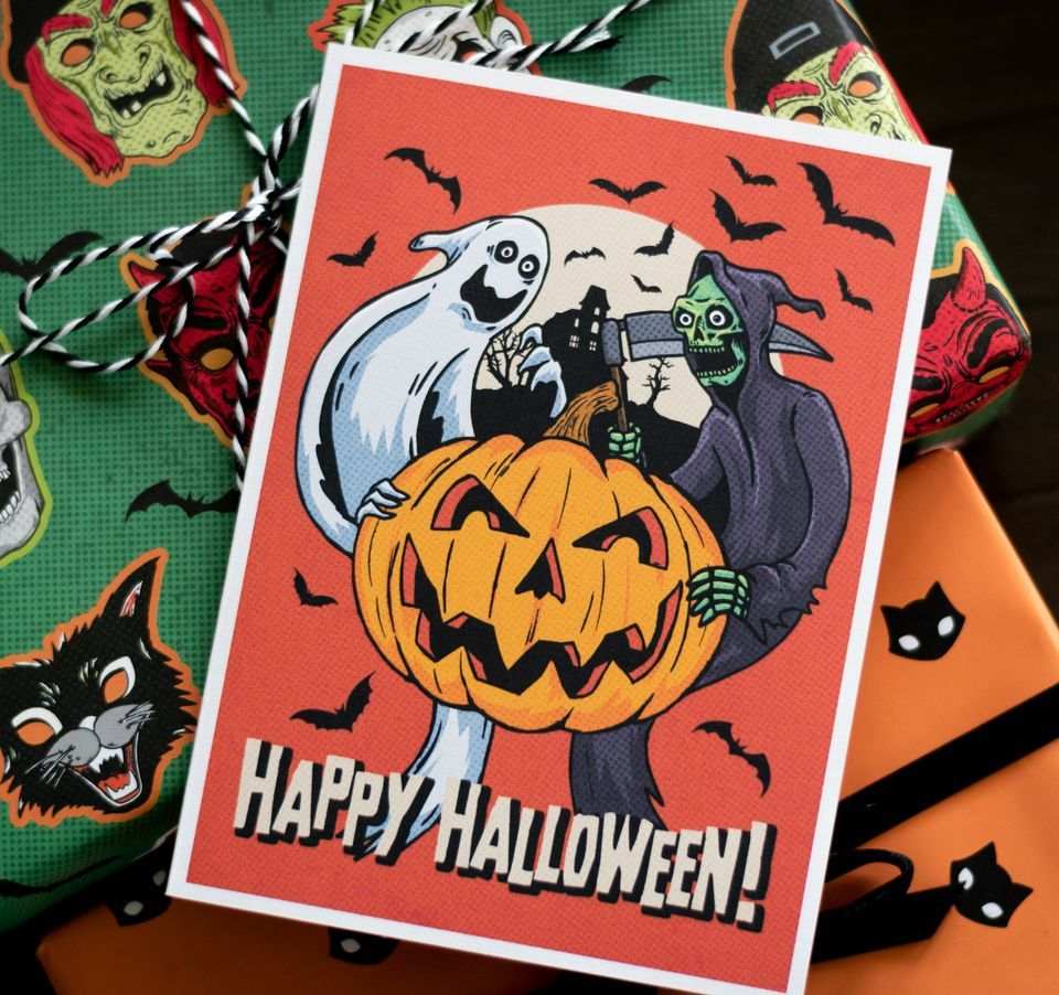 Happy Halloween Vintage Grim Reaper and Pumpkin Greeting Card
