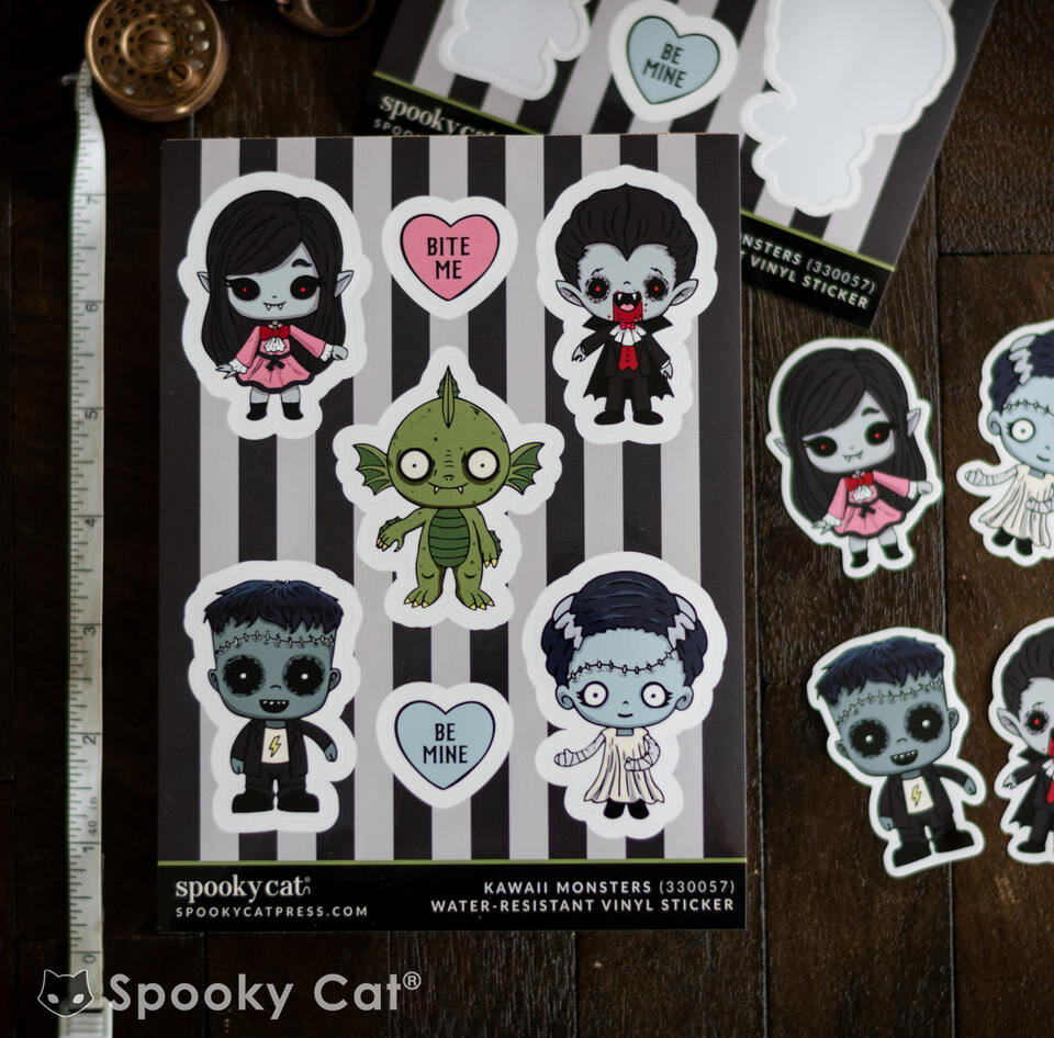 Kawaii Monster Sticker Sheet with cute vampies, baby creature, and kawaii frankenstein's monster and bride