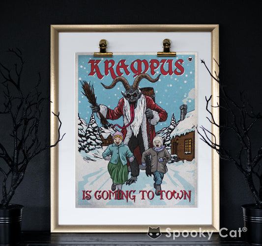 Krampus run Art Print - Krampus chasing kids on Krampusnacht 