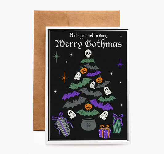 Merry Gothmas Gothic Christmas Card with bats and ghosts