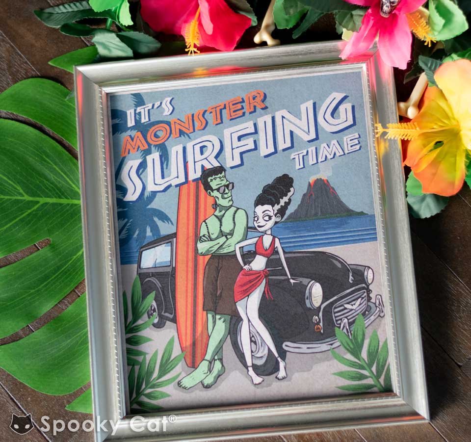 Monster Surfing Tiki Art Print featuring Frankenstein's Monster and Bride on vacation