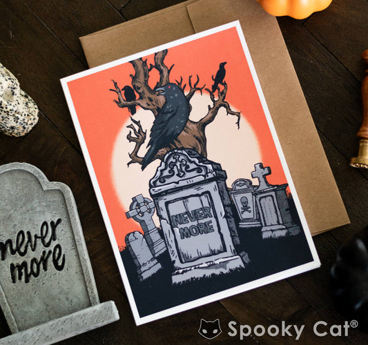 Nevermore Raven Halloween Card featuring a raven in a gothic cemetery.