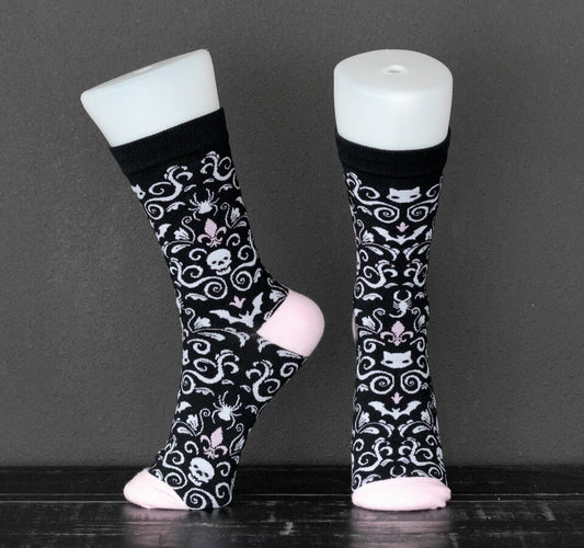 Pastel Goth Damask Socks with Skulls and bats