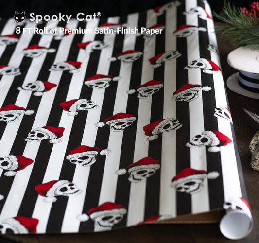 Gothic Skull, black and white striped gothic christmas Creepmas wrapping paper