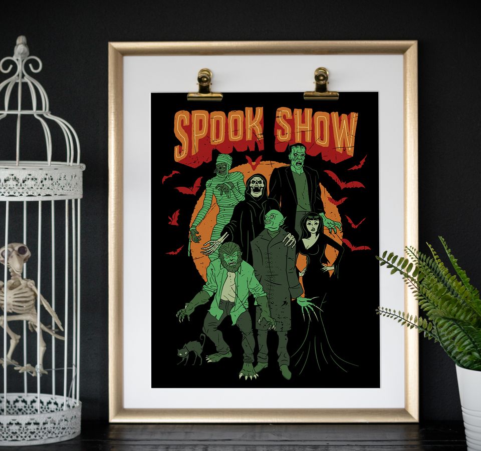 Art print with Frankenstein, Vampira, Mummy, Death, Werewolf